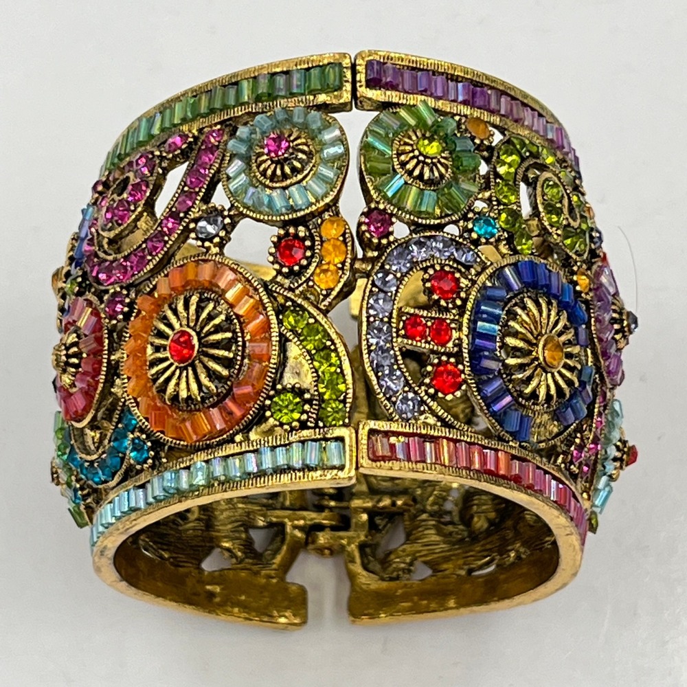 Vintage Gold Multi-Color Beaded Filigree Statement Cuff Hinged Bracelet Classic - Picture 5 of 7